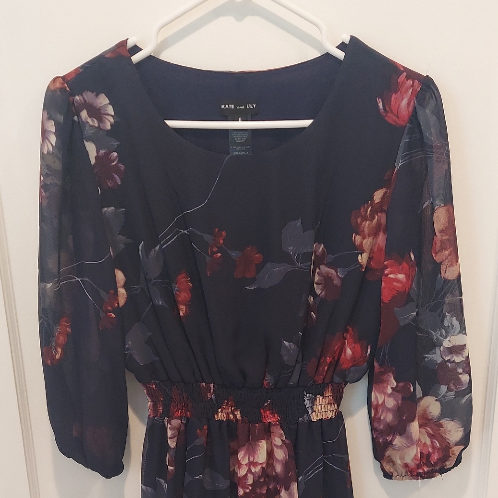Floral Long Sleeve Dress - Black and Red